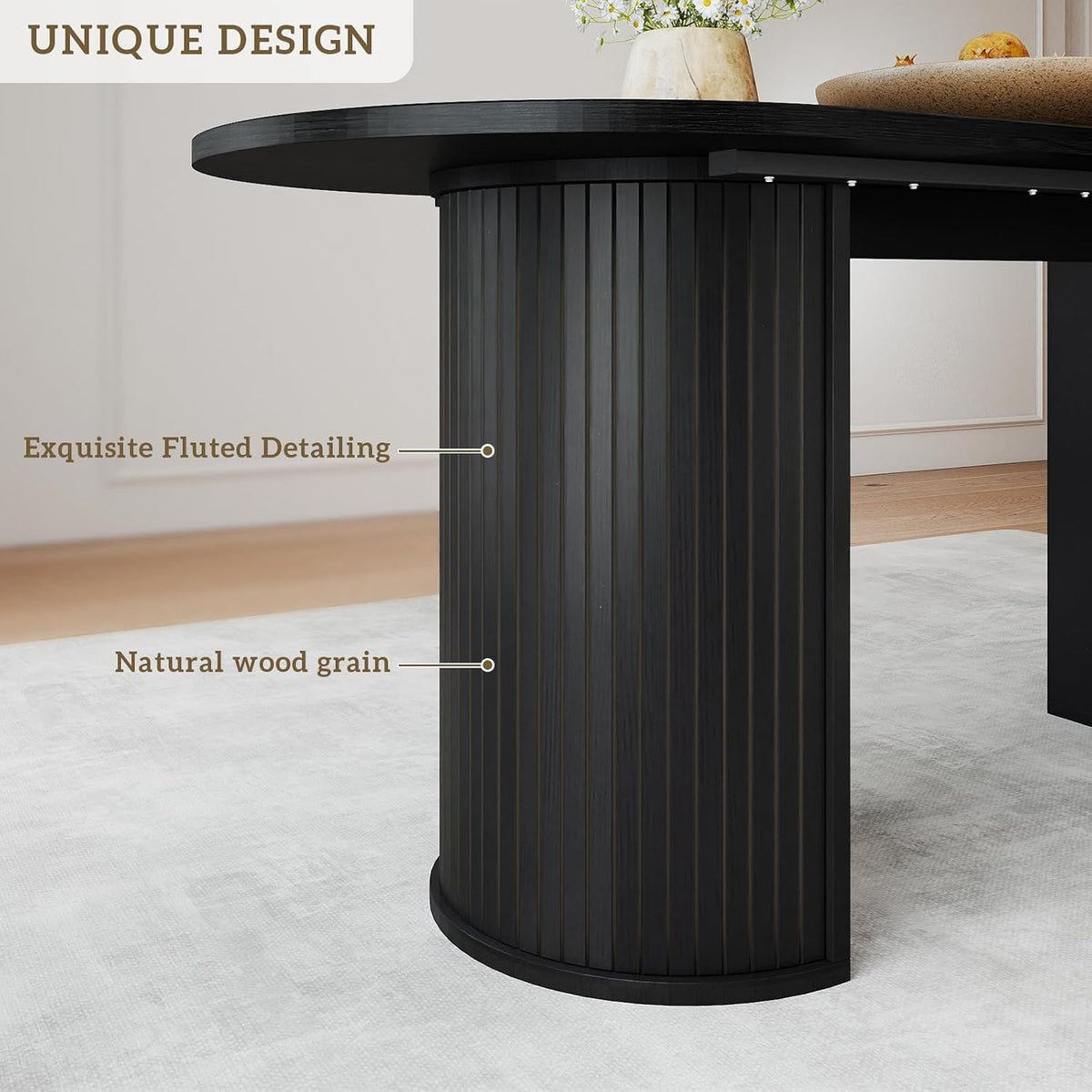 70.8" Oval Dining Table for 4-6 Persons, Fluted Pedestal Base Mid Century Wood Veneer Kitchen Table with Curved Edges for Dining Room, Apartment, Small Spaces, Black