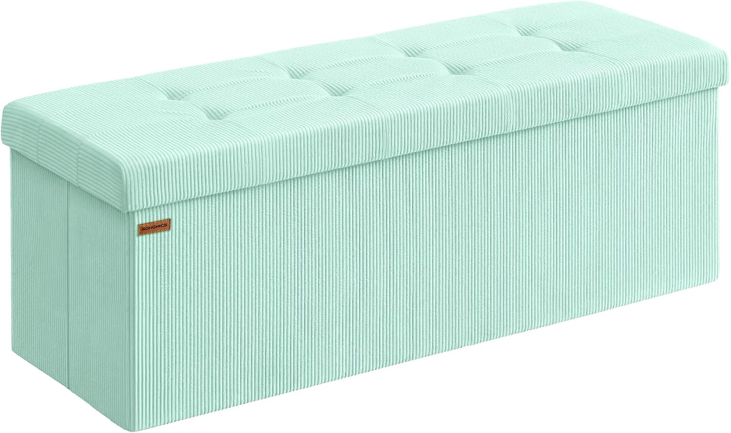 SONGMICS Ottoman Storage Bench, 43 Inch Foldable Foot Rest | Corduroy, for Entryway, Living Room, Bedroom, Moonlight Green, MINOTA Collection ULSF604C01