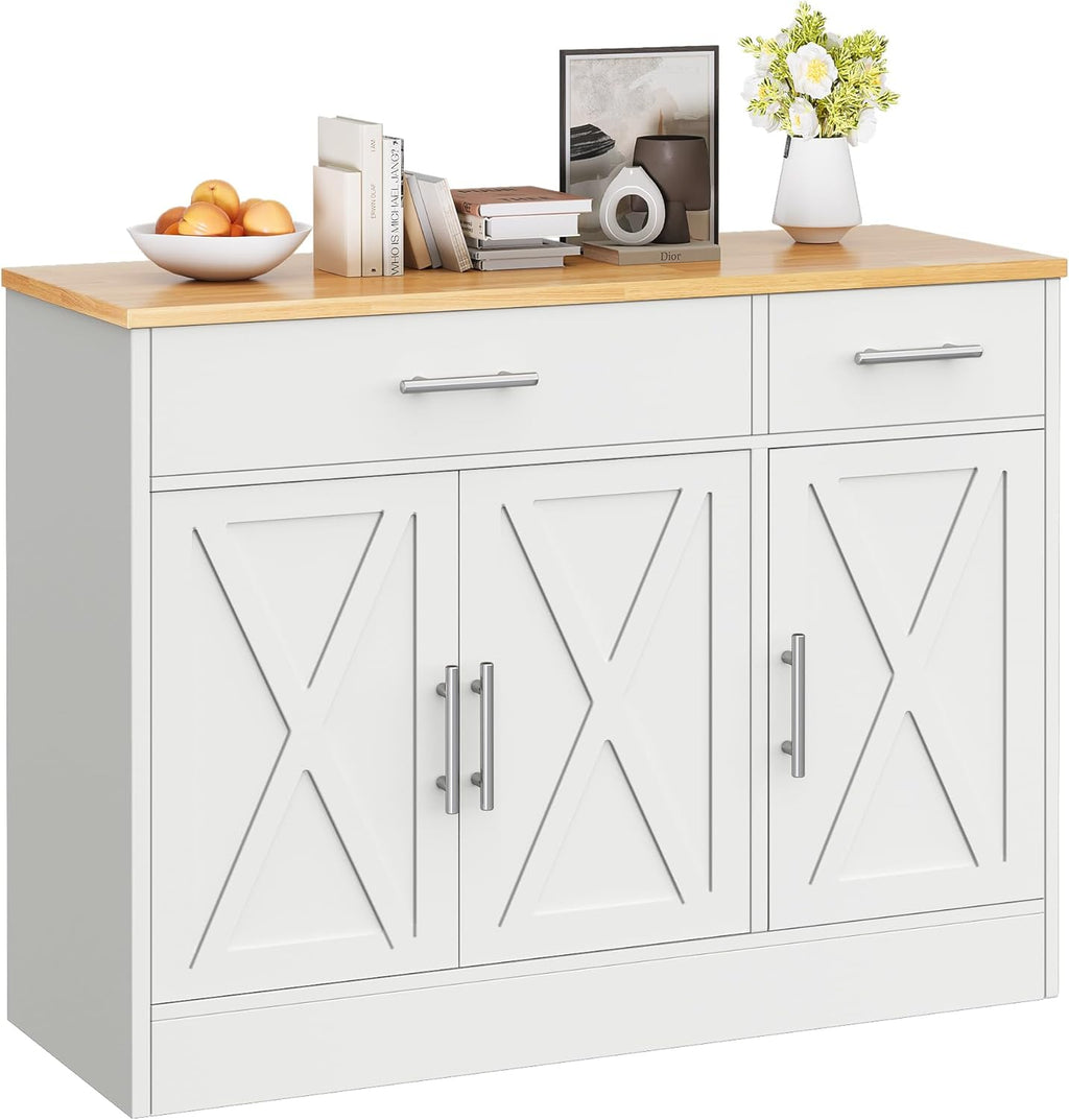 Vongrasig Coffee Bar Cabinet, Farmhouse Sideboard Buffet Cabinet with Storage, Coffee Bar with Drawers and Shelves, Wood Buffet Table for Kitchen, Dining Room, White
