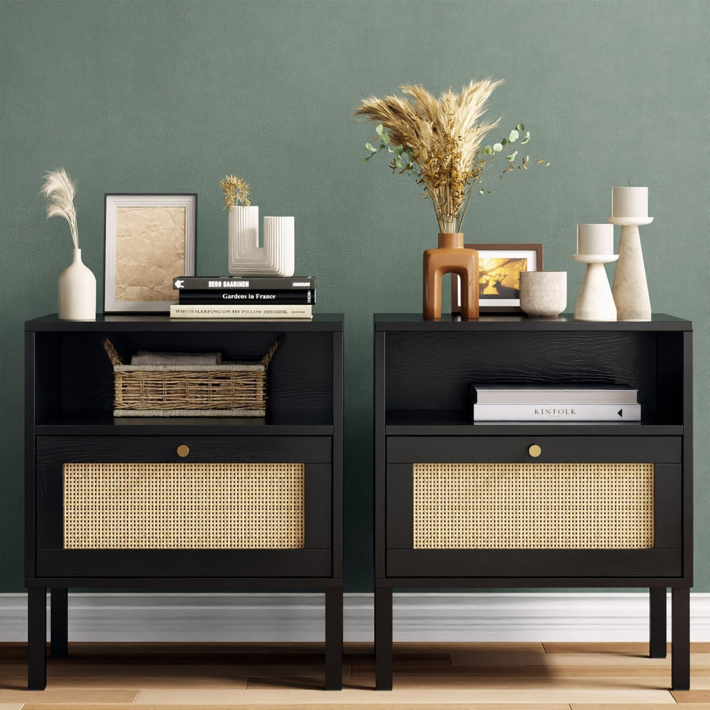 Angel Sar Rattan Night Stand Set 2, Boho Bedside Table Black Nightstand | Storage Cabinet, Open Storage Space & Sturdy Metal Legs, Accent Bed Side Table, Wood End Tables Bedroom