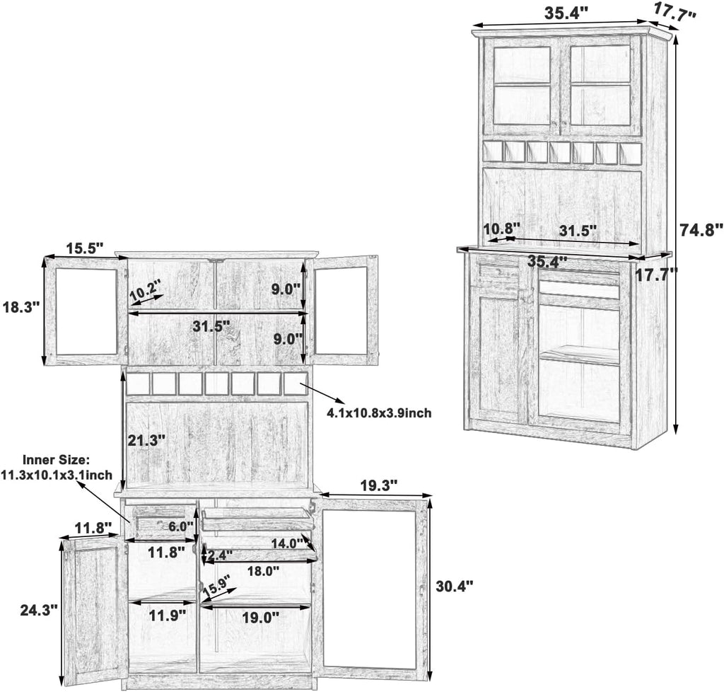 Freestanding Kitchen Pantry with Drawer, Adjustable Shelves & Wine, Blue | Rustic blue finish, solid wood legs, adjustable shelves, wine rack holds 12 bottles, 35.4"W x 17.7"D x 74.8"H, for dining