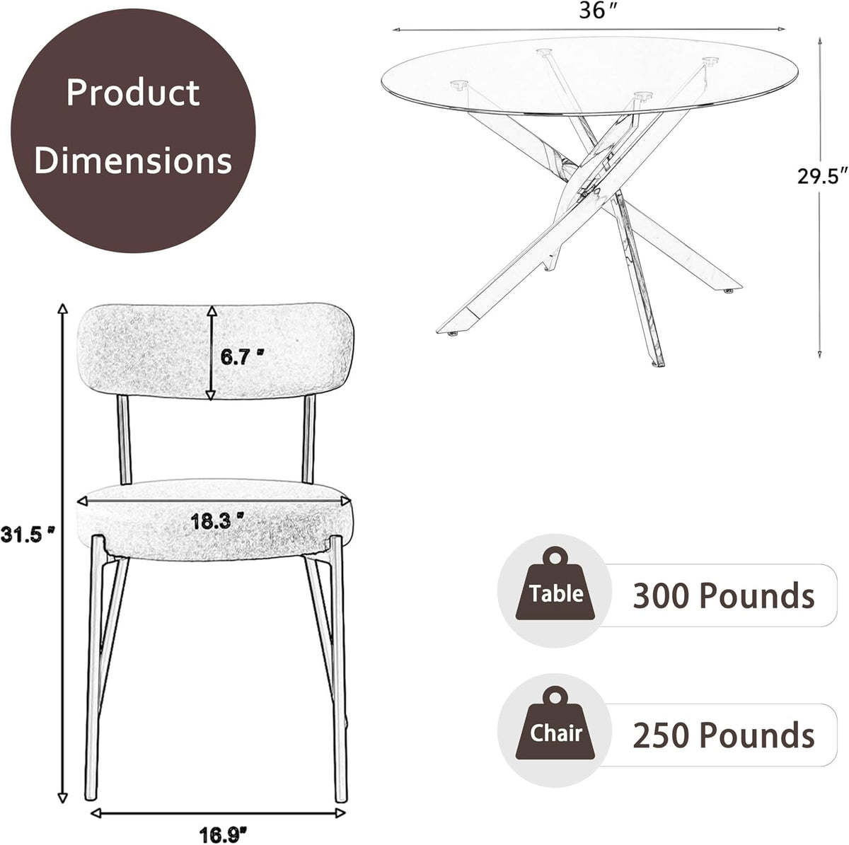 36" Round Dining Table Set for 4, Small Round Kitchen Table with 4 Boucle Dinner Chairs, Modern Circle 5 Piece Glass Dining Table with Metal Legs(Pink&Gold)