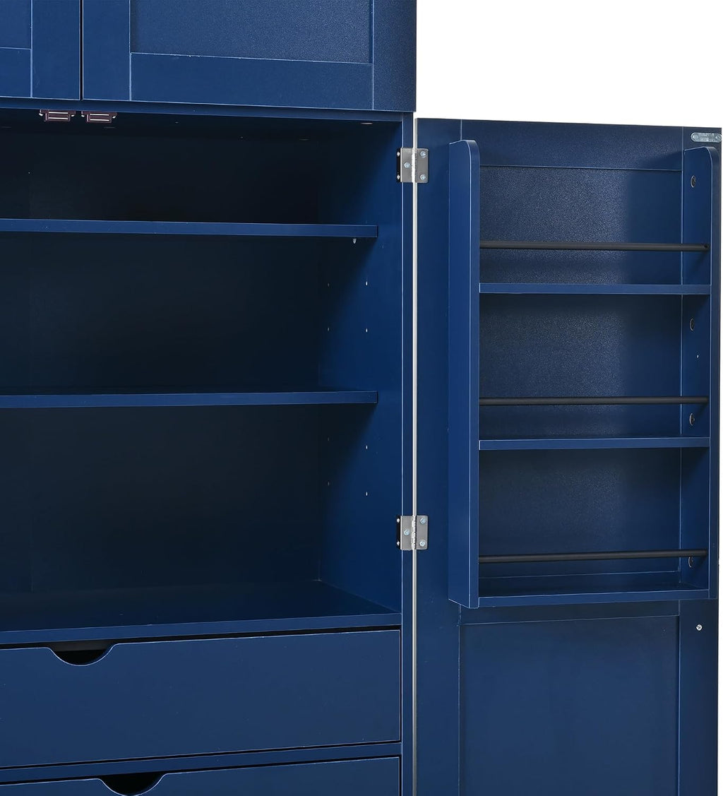 Merax 77''Tall Freestanding Kitchen Pantry,Farmhouse Tall Storage Cabinet with 2 Standard Plugs and 2 USB Ports,Wood Food Pantry with Adjustable Shelves,Door Shelves, Drawers and Wine Racks,Blue