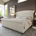 AMERLIFE Queen Size Upholstered Sleigh Bed Frame with Wingback Headboard