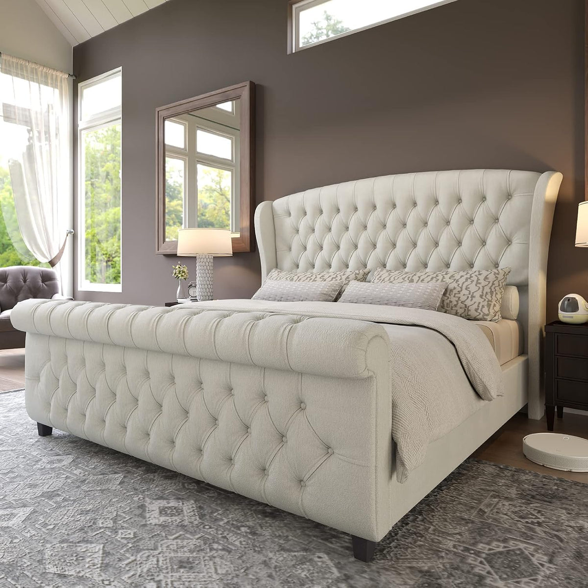 AMERLIFE Queen Size Upholstered Sleigh Bed Frame with Wingback Headboard