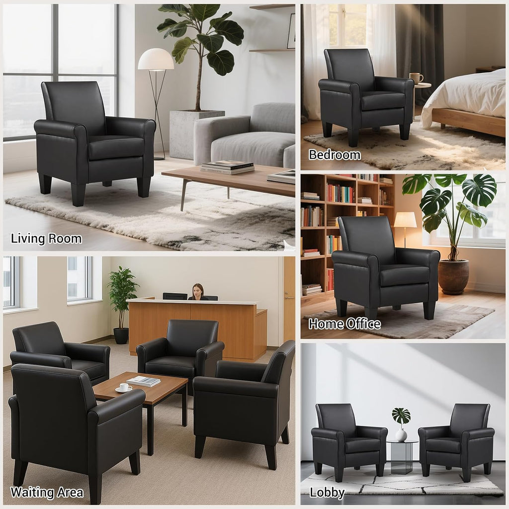 Faux Leather Accent Chair Set of 2, Mid Century Modern Living Room Chair, Upholstered Comfortable PU Leather Armchair for Bedroom, Office or Waiting Areas-Black