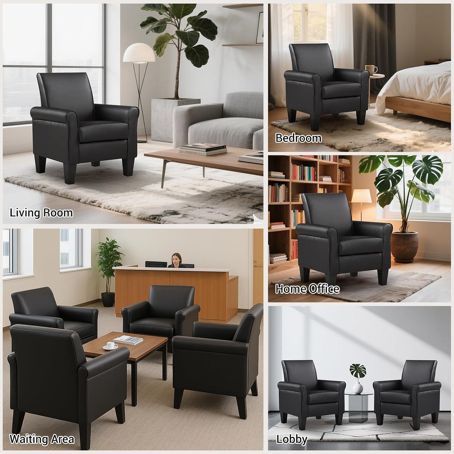 Faux Leather Accent Chair Set of 2, Mid Century Modern Living Room Chair, Upholstered Comfortable PU Leather Armchair for Bedroom, Office or Waiting Areas-Black