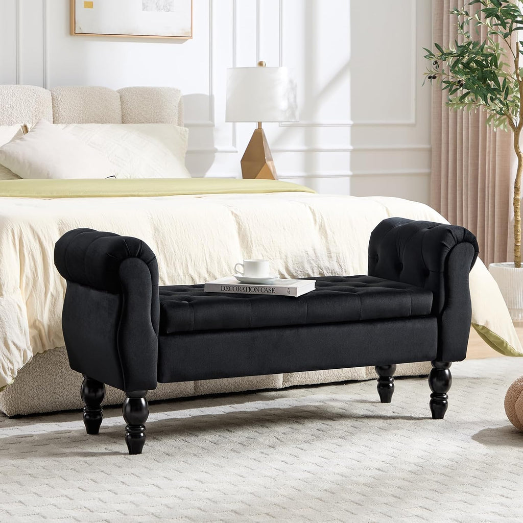 48'' Storage Bench for End of Bed, Modern Bedroom Bench with Arms Upholstered Velvet Lift-top Entryway Ottoman with Storage, Button Tufted Window Bench for Living Room, Reception, Black