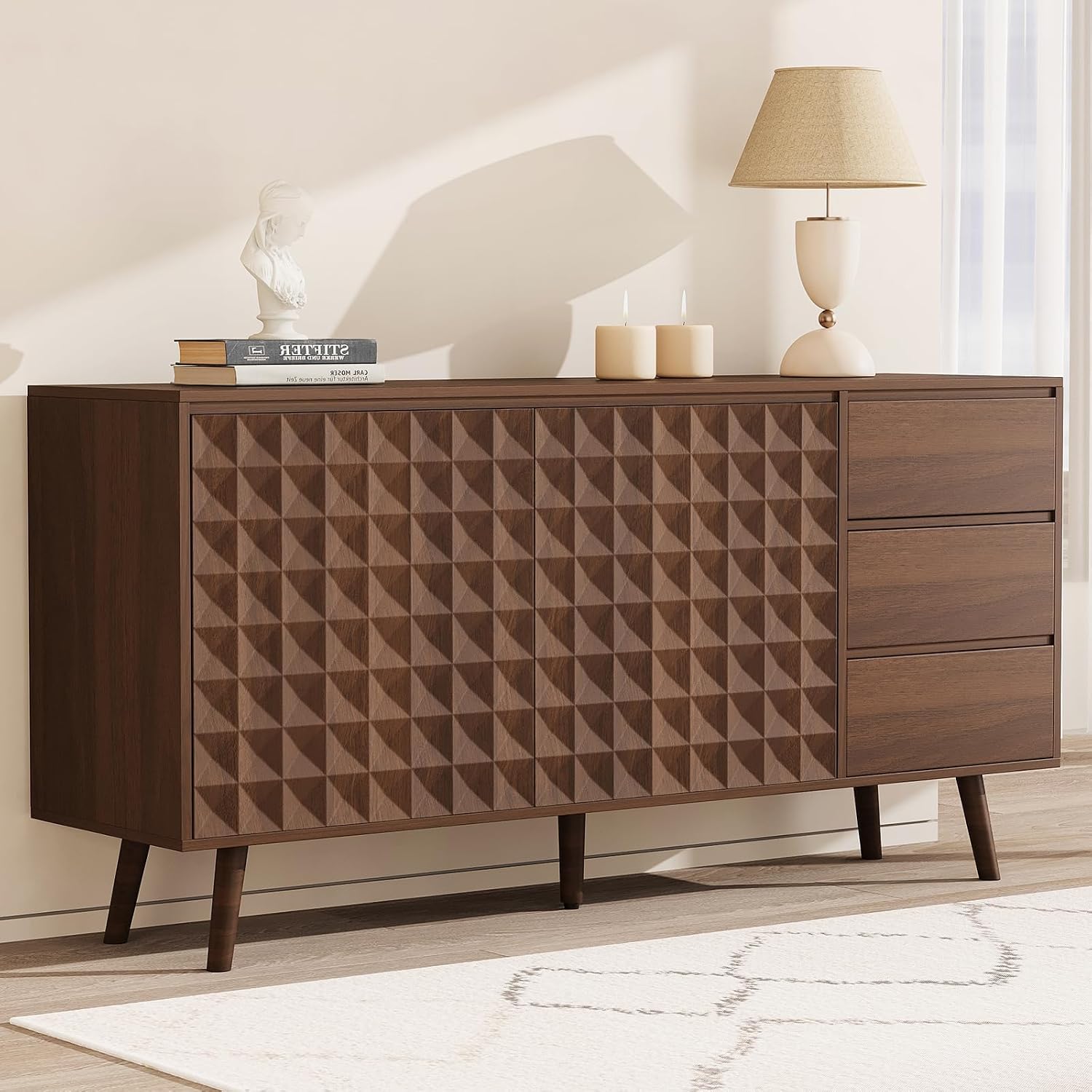 60" Buffet Cabinet with Storage, Sideboard Buffet Cabinet with 3 Drawers and 2 Doors, Mid Century Modern Coffee Bar Cabinet/TV Stand with Adjustable Shelves, Dark Brown