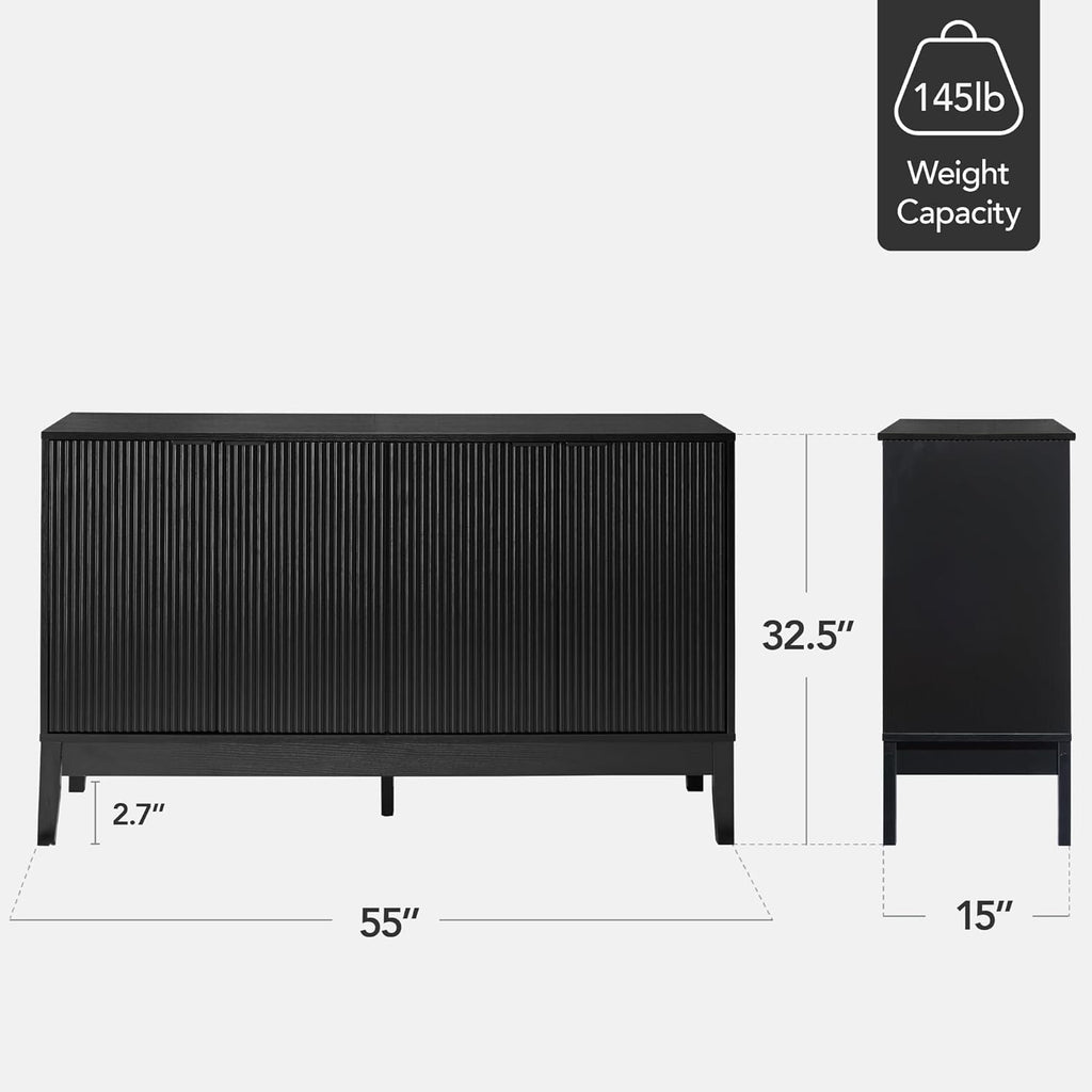 Best Choice Products 55" Modern 4-Door Sideboard Storage Cabinet, Buffet, Media Cabinet, Cupboard, Entryway Accent Table, Bookcase w/Reed Panels and Adjustable Shelves - Black