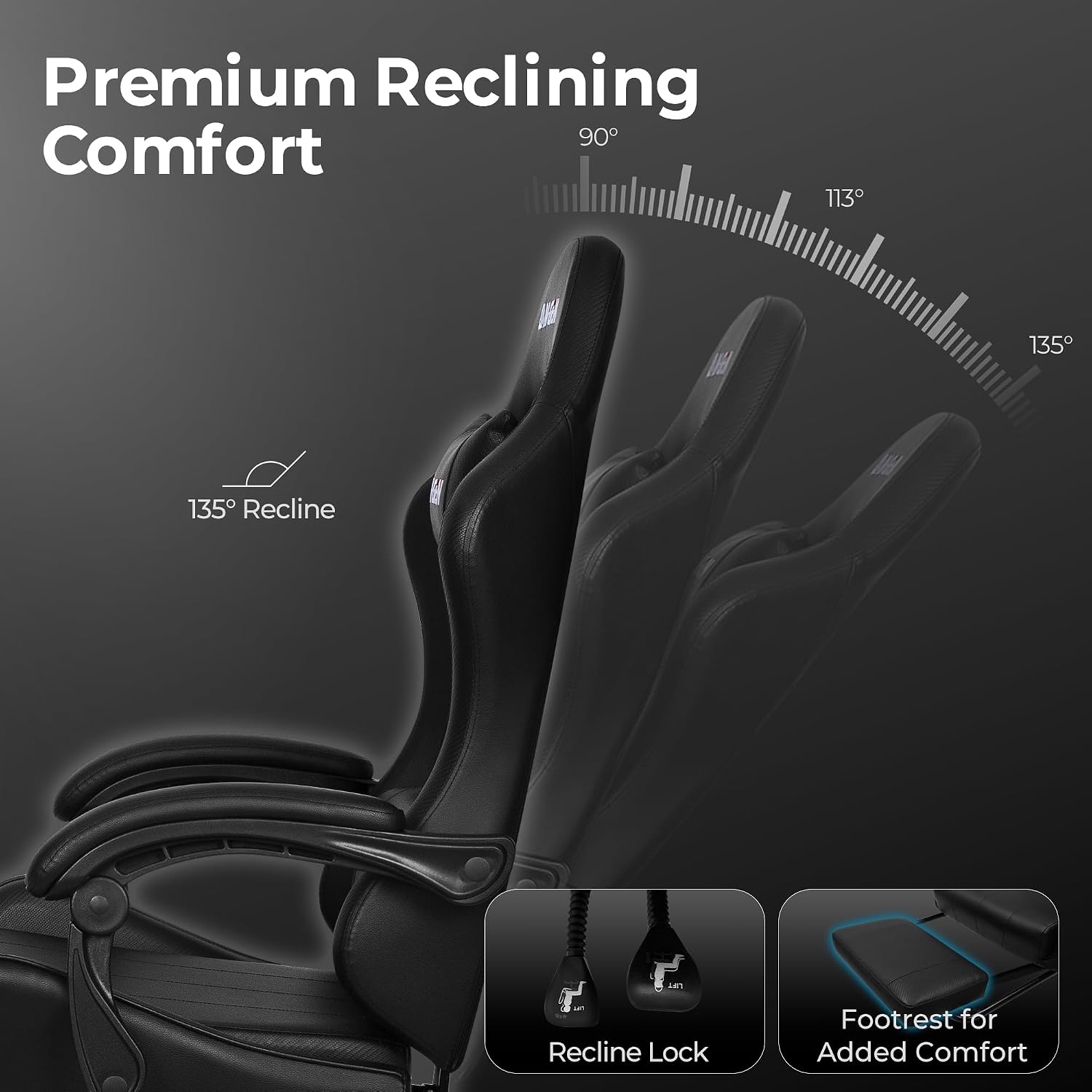 N-GEN GAMING Gaming Chair with Footrest, Lumbar, High-Back, All Black | Reclining Backrest, Linkage Armrests, Durable PU Leather, Adjustable Comfort for Extended Computer, Desk, or Home Office Use