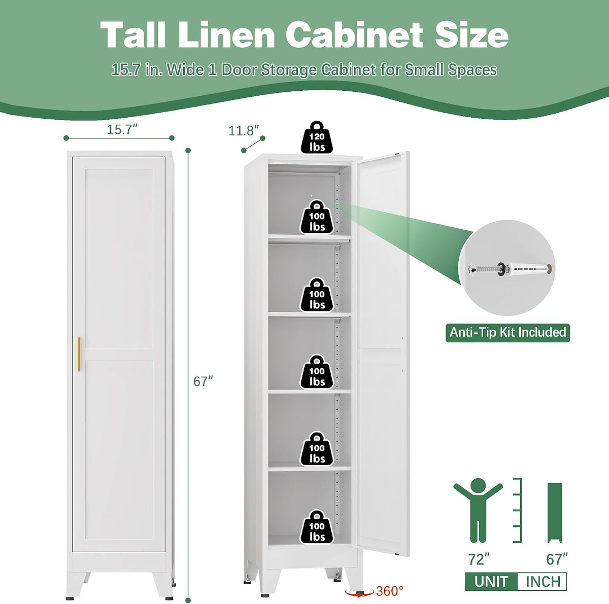 Bevivog Tall Bathroom Storage Cabinet, 67" Narrow Metal Storage Cabinets, Freestanding Tall Linen Cabinet, Slim Kitchen Pantry Cabinets with Shelves