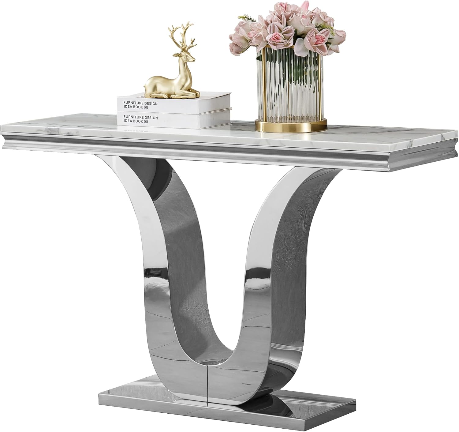 SSLine Modern White Faux Marble Console Table Luxury Entryway Table with Silver Pedestal Base 46.8" Mid-Century Elegant Sofa Table w/Mirrored Stainless Steel Frame for Living Room Hallway