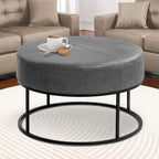 BALLIAA Modern Round Coffee Table, Farmhouse Ottoman for Living Room, Large Vintage Leather Coffee Tables with Leather Upholstered Padded Seat [Round, Vintage Gray, 30'']