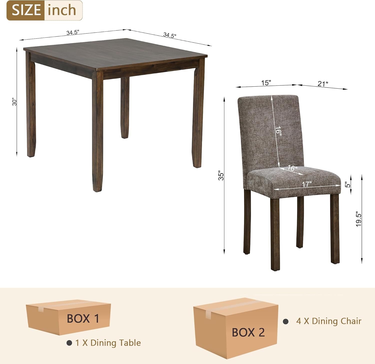 Harper & Bright Designs 5-Piece Dining Table Set with 4 Chairs, 34.5" Square Farmhouse Kitchen Table for Small Spaces, Rustic Walnut Wooden Dining Set for 4 People, Apartment & Dining Room