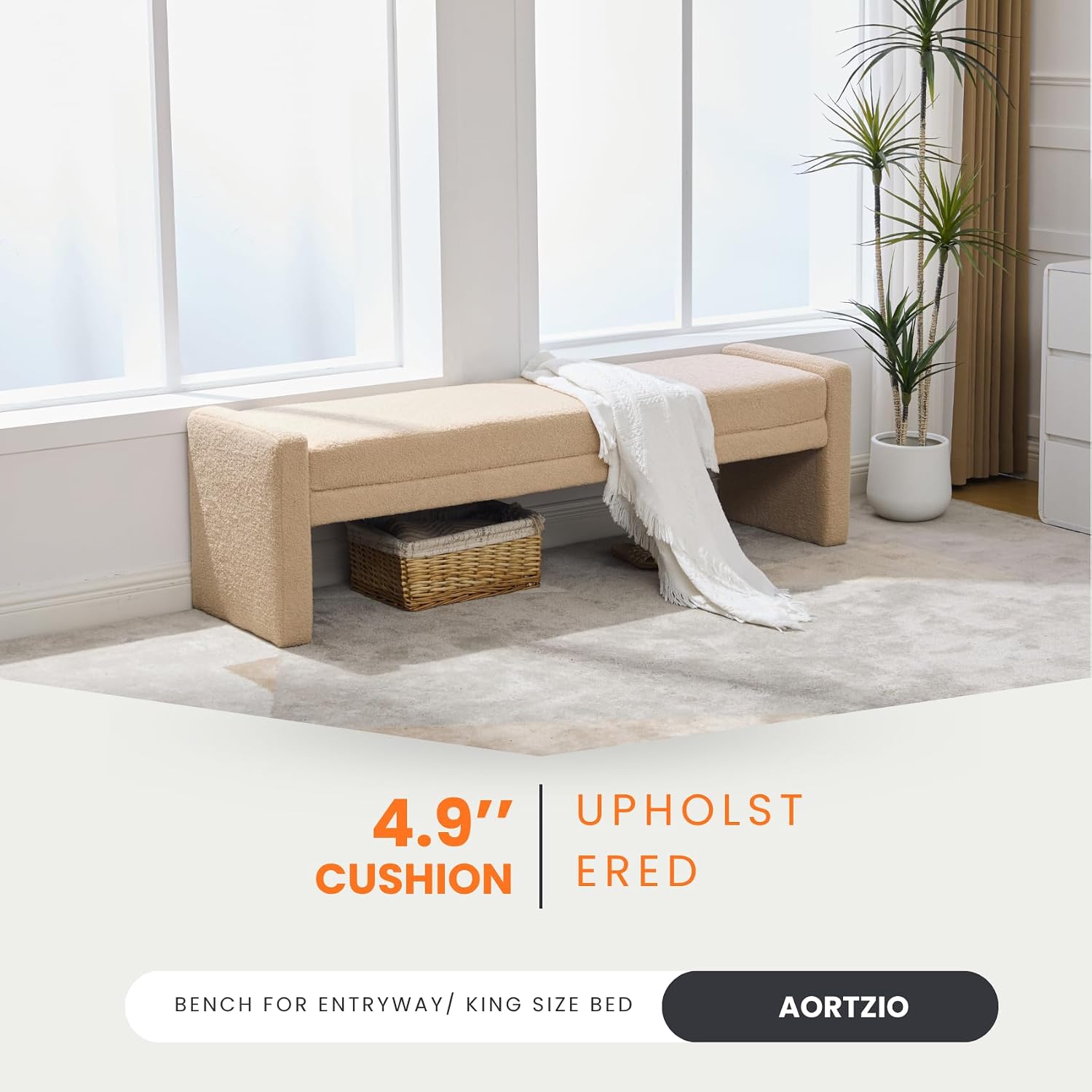 Shoe Bench for Entryway, 66.9''W Modern Boucle King Size End of Bed Bench for Bedroom, Cloakroom, Window, Wheat.