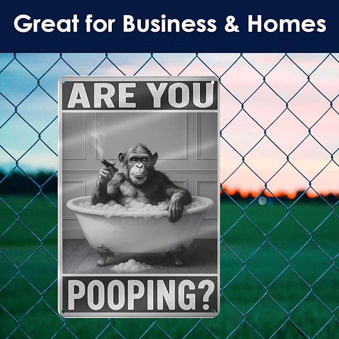 Bathroom Decor Wall Art – Funny Chimpanzee in Bathtub Tin Sign, 8x12 Inch Black and White Vintage Metal Wall Art, Humorous Animal Bathroom Sign for Restroom or Farmhouse (Sign-030)