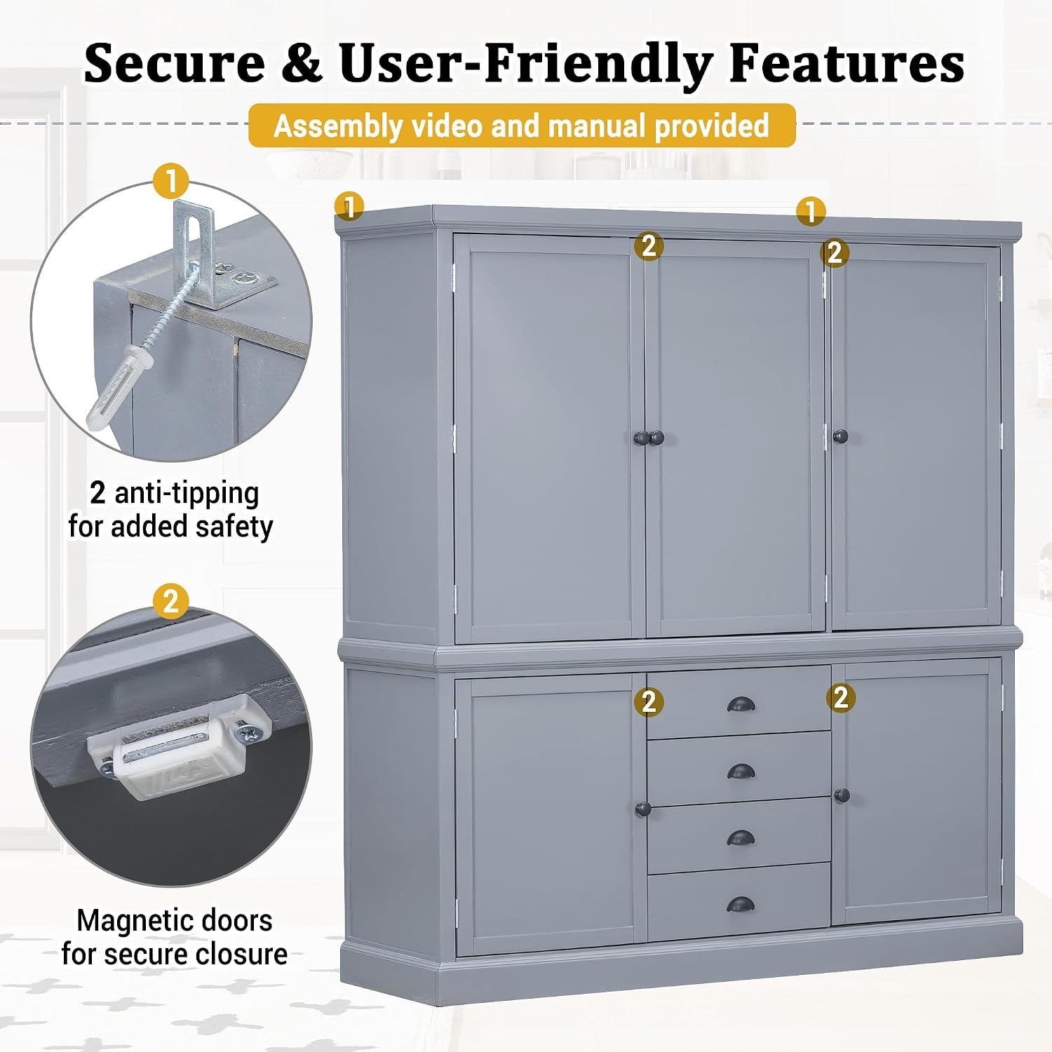 73'' Traditional Freestanding Wooden Kitchen Pantry, Large Kitchen Storage Unit Cupboard with Drawers Cupboard with Door Shelves and Adjustable Shelves (Gray-T)