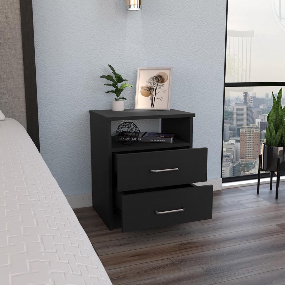 Nightstand, End Table, Side Table Superior Top, Two Drawers, One Shelf -Black,for Small Spaces
