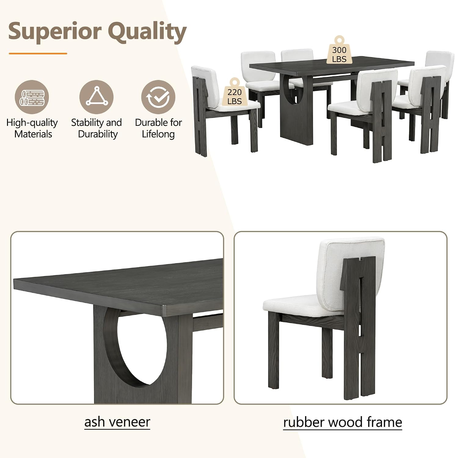 Merax Wood Dining Table Set for 6, Rectangular Tabletop/Upholstered Chairs/Retro Geometric Design, Ideal for Dining-Room and Kitchen, Grey
