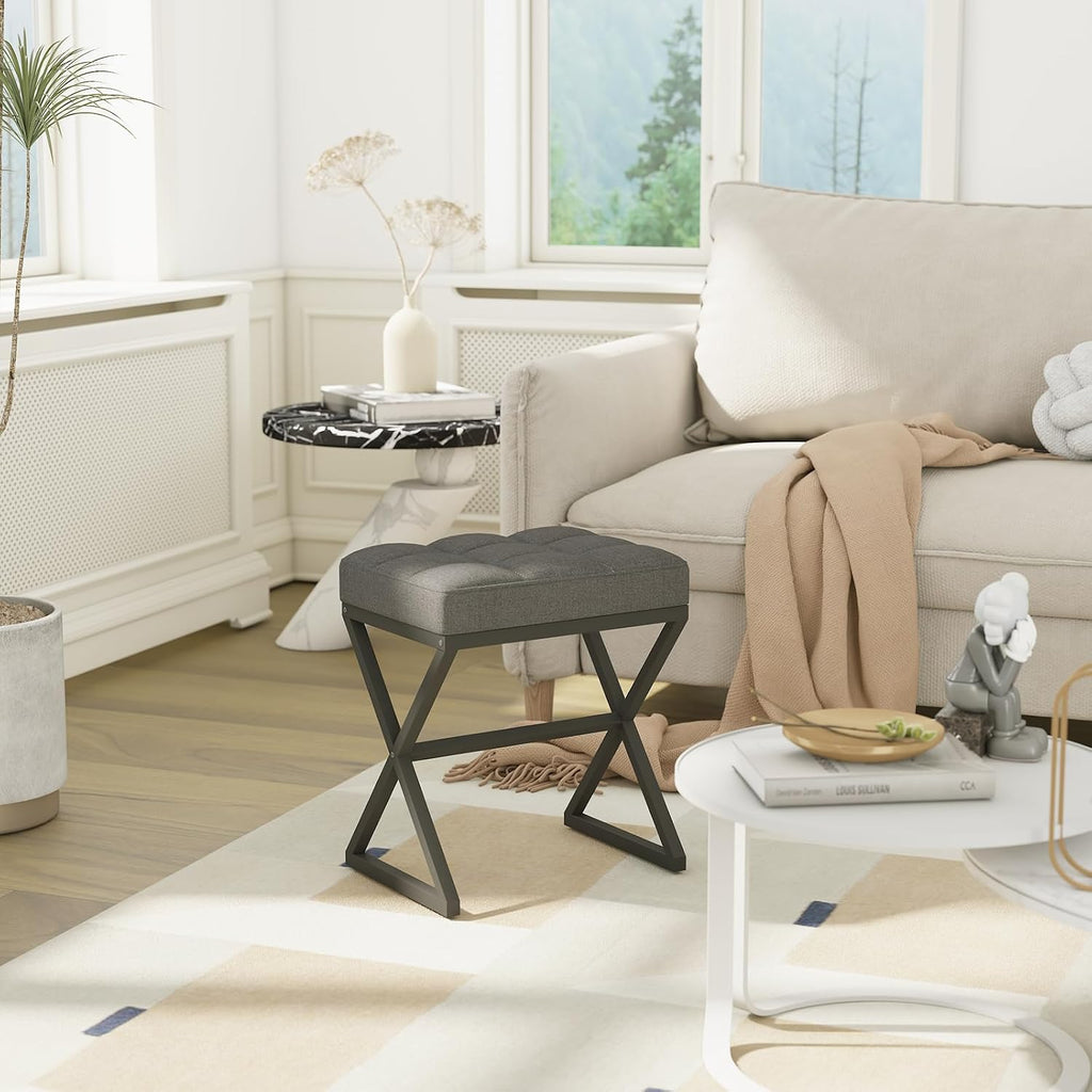 YMYNY Vanity Stool, Linen Footrest, Ottoman Bench with X-Shaped Metal Legs, Makeup Dressing Stool for Vanity, Living Room, Bedroom, Entryway, Hallways 15.74" D×11.81" W×18.11" H Grey UHBD033G