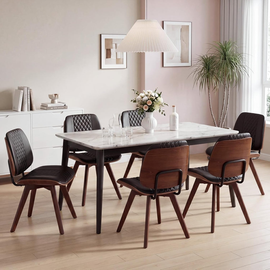 BV Dining Chairs Set of 4, PU Leather Armless Kitchen Chair in Modern Walnut Style, Mid Century Bentwood Side Chair with Wood Legs, Retro Accent Guest Chair for Kitchen Dining Room(Black)