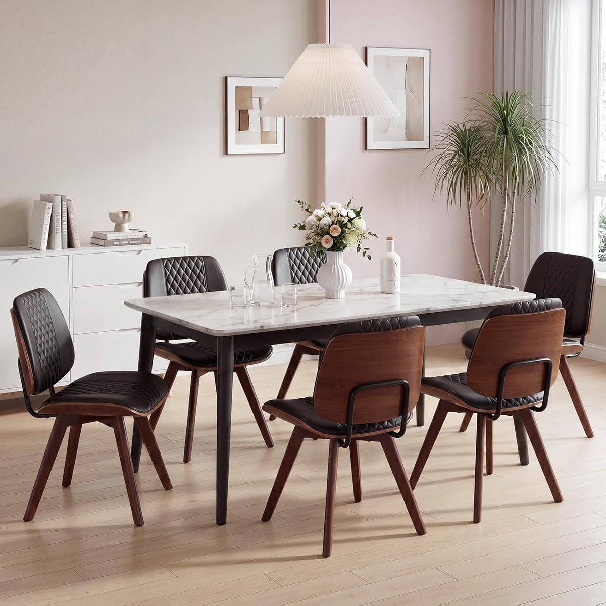 BV Dining Chairs Set of 4, PU Leather Armless Kitchen Chair in Modern Walnut Style, Mid Century Bentwood Side Chair with Wood Legs, Retro Accent Guest Chair for Kitchen Dining Room(Black)