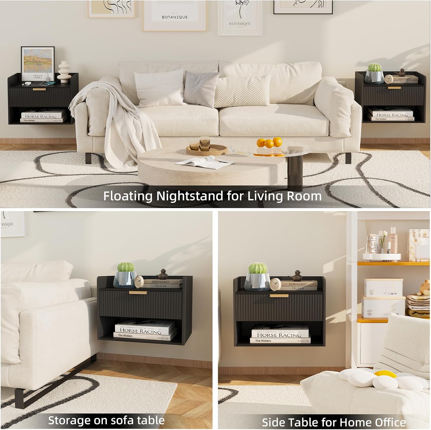 Arbuxzuy Floating Nightstand Set of 2 with Charging Station and Drawer | Modern Black Wall Mounted Bedside Table with Open Shelf, Minimalist Wooden Floating Night Stand for Bedroom Small Spaces
