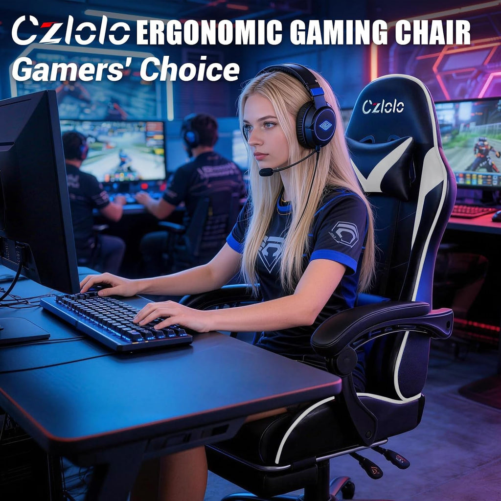 Czlolo Gaming Chair with Footrest Racing Style Lumbar Support Massager Video Game Chair with Metal Legs, High Back Reclining Gamer Chair with Headrest, 360° Swivel Office Computer Desk Chair (White)