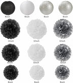 Black White Silver Party Decorations - 20pcs New Year Men Birthday Paper Lanterns Fans,Tissue Pom Poms,Honeycomb Balls,Bunting,Wedding Bachelorette Bridal Graduation Baby Decor Burgleda