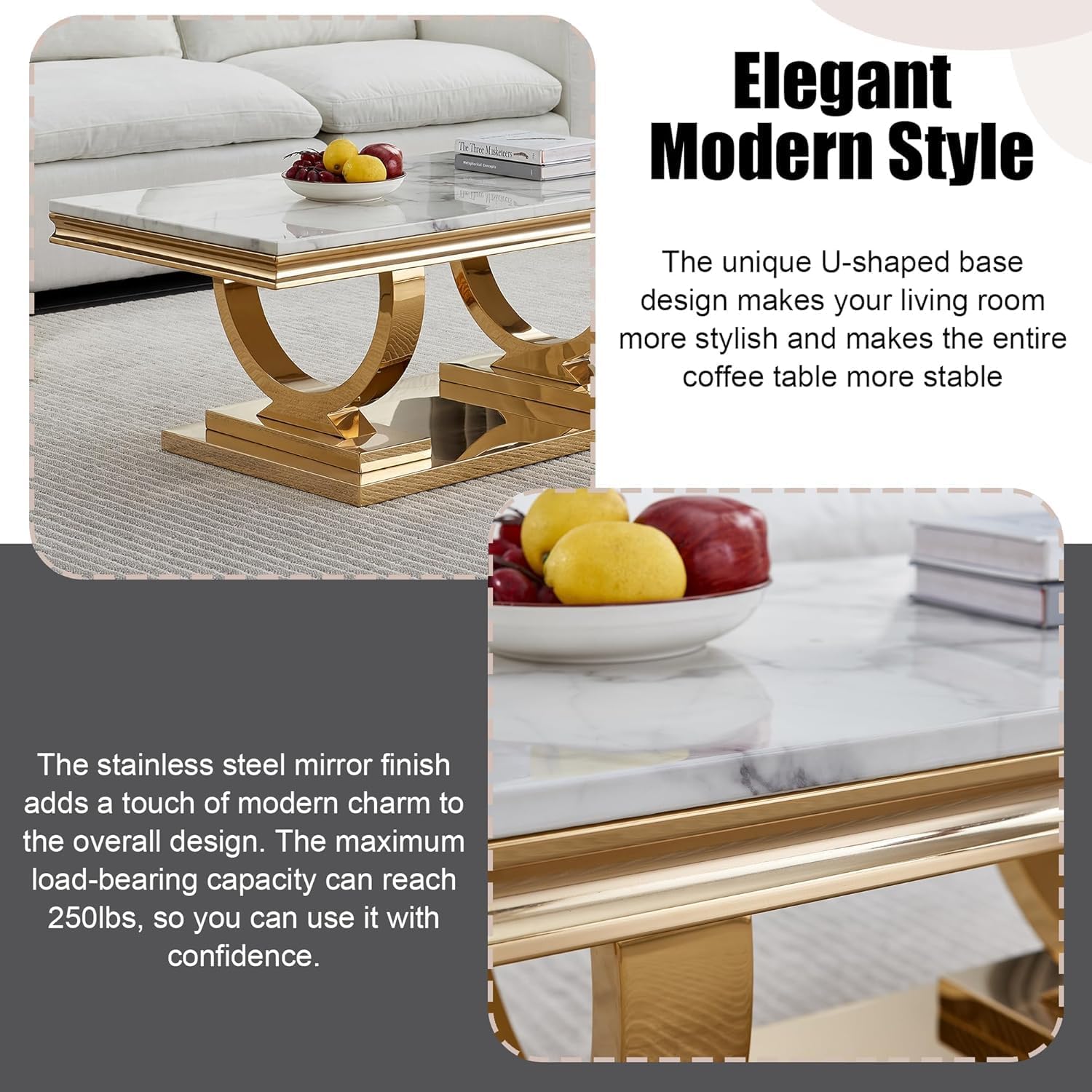 Marble Coffee Table Set of 3, Includes 1 Coffee Table with 2 Square End Side Tables, Luxury 3 Piece Living Room Table Set with White Faux Marble Tabletop & Gold Stainless Steel Base