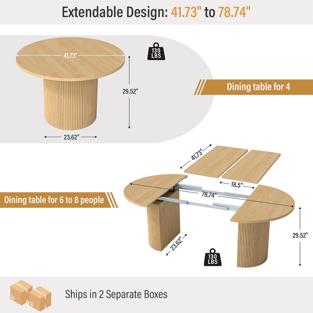 Extendable Dining Table 41–78 Inch, Round to Oval Expandable Kitchen Table for 4–8 People, Fluted Base Modern Farmhouse Design for Dining Room or Living Room, Natural Wood Finish