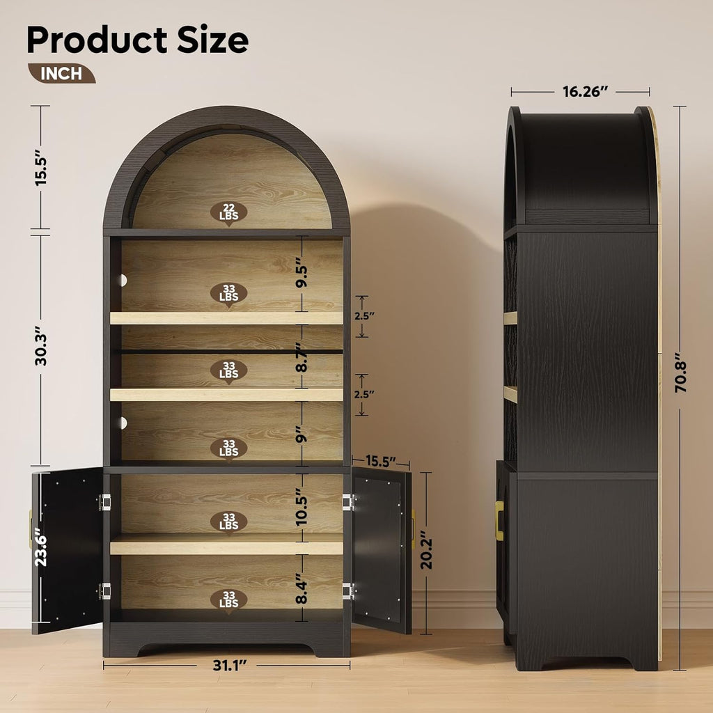 Bestier 71" Tall Arched Kitchen Pantry, Arched Cabinet with Doors, Modern Farmhouse Wood Kitchen Storage Cabinets with 3-Tier Adjustable Shelves, Cupboard for Living Room, Dining Room, Kitchen, Black