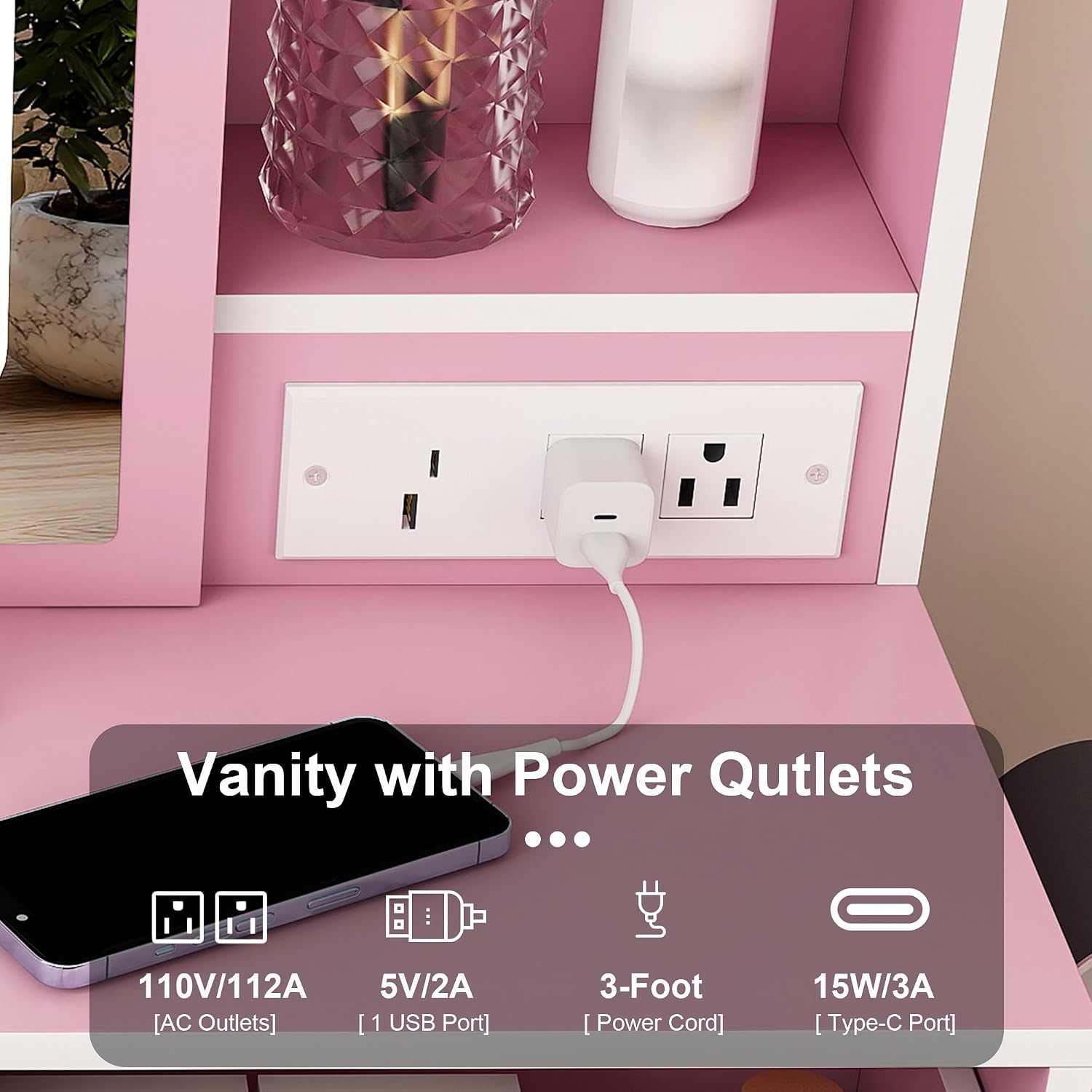Small Vanity Desk Set with Mirror and Adjustable LED Lights, Compact Pink Dressing Table with Built-in Power Outlet and Hidden Storage, Padded Stool & Shelf, Space-Saving Makeup Table for Bedrooms