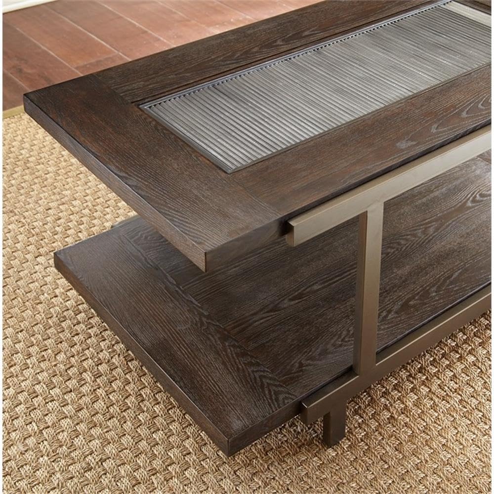 Pemberly Row Contemporary 3-Piece Coffee Table Set, Smoky Brown Finish, Ash Veneers, Tempered Glass Tops, Satin Brass Panels, Bottom Shelf Storage, Rustic Industrial Style Living Room Furniture