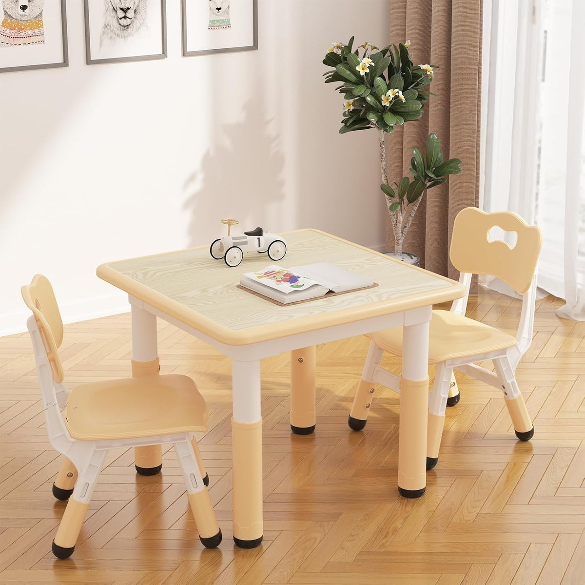 Kids Table and Chairs Set Height Adjustable Table and 2 Chairs for Toddlers | 60*60 cm Graffiti Table | Non-slip Caps | Ergonomic Chair | Rounded Corners | Suitable for Daycare, Classrooms, Home