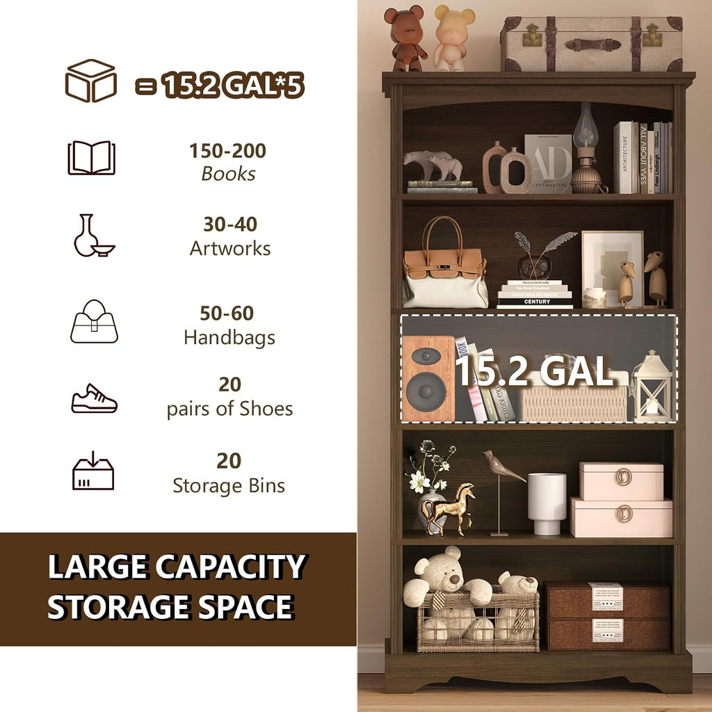 TVU 5-Tier Wooden Bookshelf, 31.5" W x 65" H ×9.9" D Bookshelf with Storage, Floor Standing Modern Style Display Bookcase for Living Room, Office, Study Room, Entryway, Brown