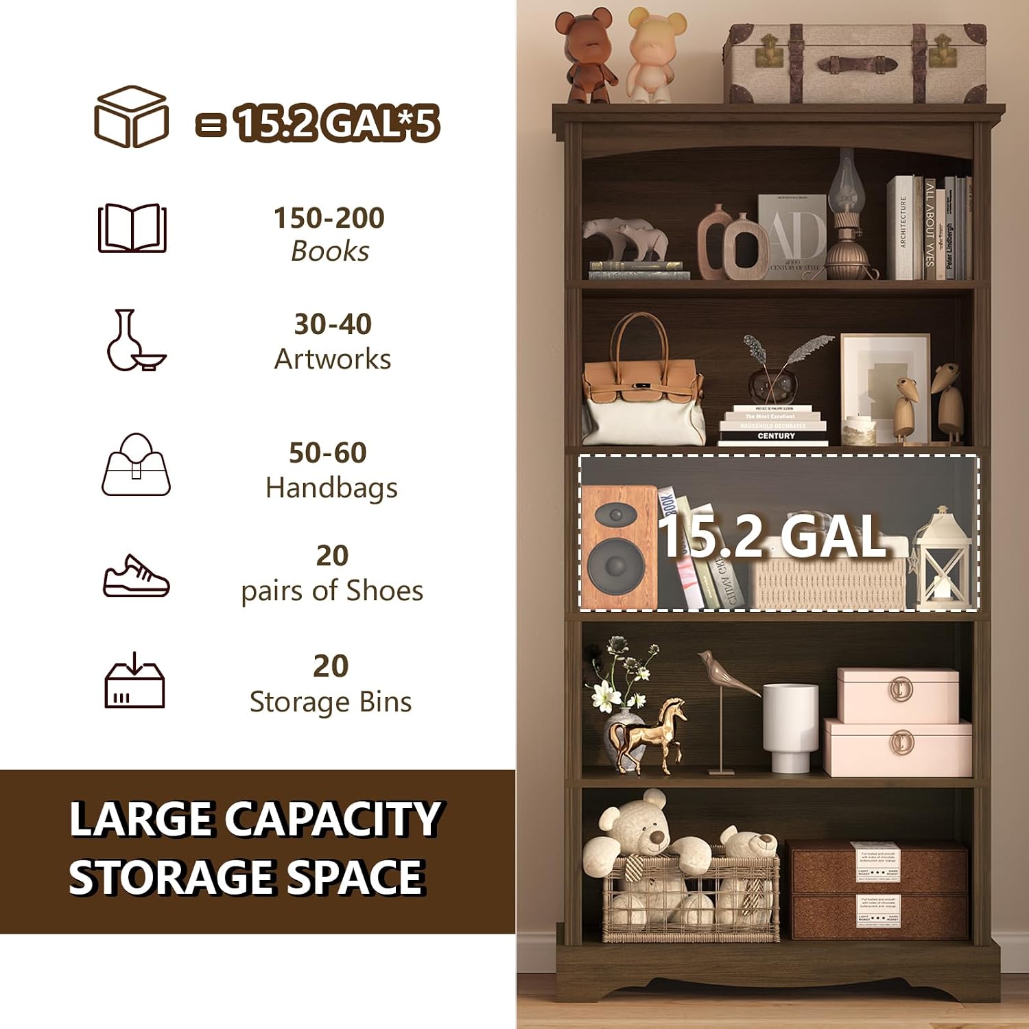 TVU 5-Tier Wooden Bookshelf, 31.5" W x 65" H ×9.9" D Bookshelf with Storage, Floor Standing Modern Style Display Bookcase for Living Room, Office, Study Room, Entryway, Brown