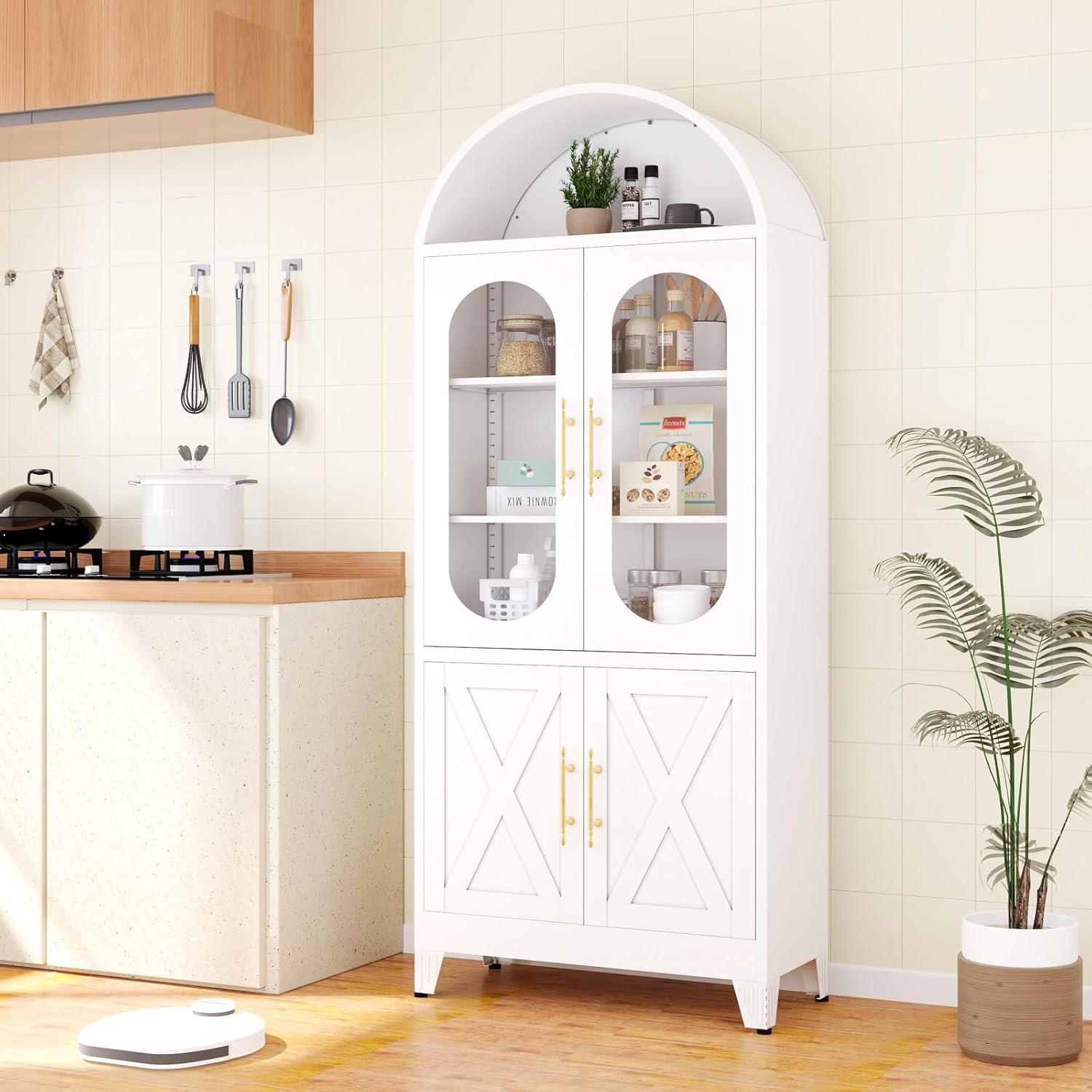 erosoei 73" H Metal Tall Arched Kitchen Pantry Cabinet, Modern Farmhouse China Storage Cabinets with Glass Door and Adjustable Shelves, Versatile Cupboard for Kitchen, Dining Room, Bathroom (White)