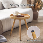 Round Side Table, Boho Circle End Table Coffee Table with Solid Wood Leg, Rattan Side Tables Living Room for Small Spaces, Bedroom, Corners