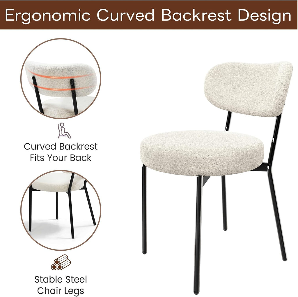 KROFEM Set of 4 Boucle Fabric Dining Chairs,White | Mid Century Modern Design,Polished Chrome Frame,Upholstered Seat