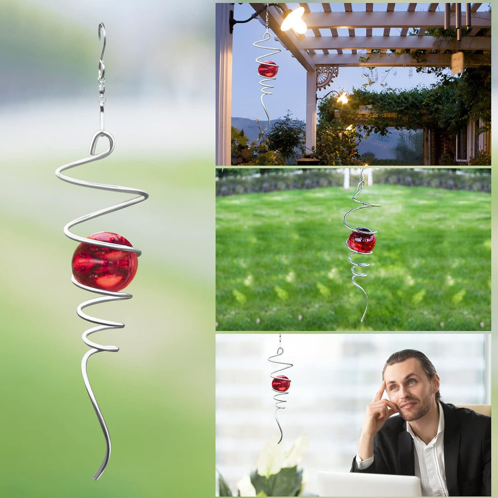 Gazing Ball Spiral Tail Wind Spinner Stabilizer, Garden Decorations Stainless Steel Metal with Hook & Red Crystal Glass Orb Outdoor Hanging Decor Kinetic Yard 3D Swivel Art Sun Catchers