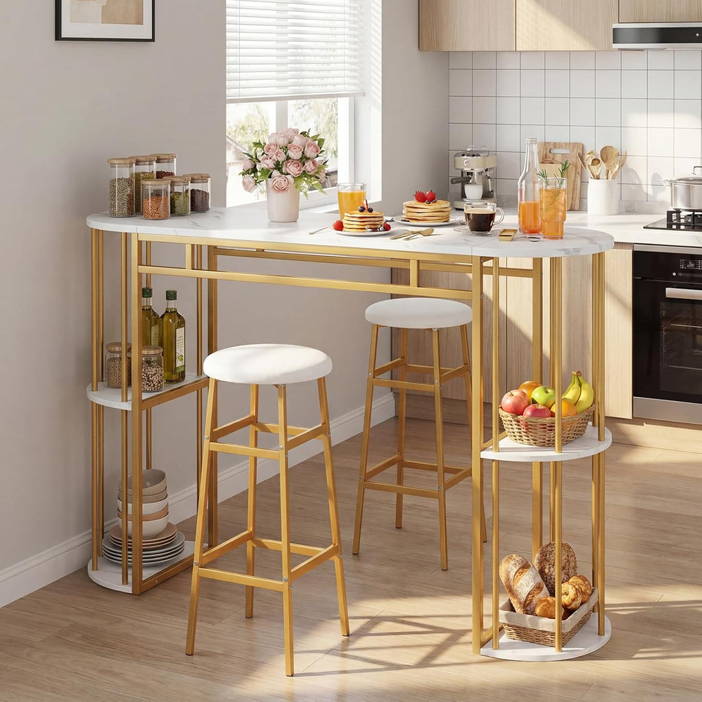 COSTWAY Bar Table Set for 2 with Storage Shelves, 60" Dining Table & 2 Upholstered Barstools with Faux Marble Tabletop, 3-Piece Bar Height Dining Set for Kitchen, Small Space (Golden & White)