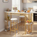 COSTWAY Bar Table Set for 2 with Storage Shelves, 60" Dining Table & 2 Upholstered Barstools with Faux Marble Tabletop, 3-Piece Bar Height Dining Set for Kitchen, Small Space (Golden & White)