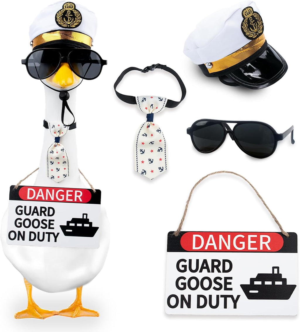 CAMDUCK 4 Pcs Porch Goose Accessories Porch Goose Sign Goose Navy Hat Eyeglasses Necktie Wooden Gooses Warning Sign Danger Guard Goose on Duty Warning Sign Goose Outfits Decor for Yard Porch Lawn