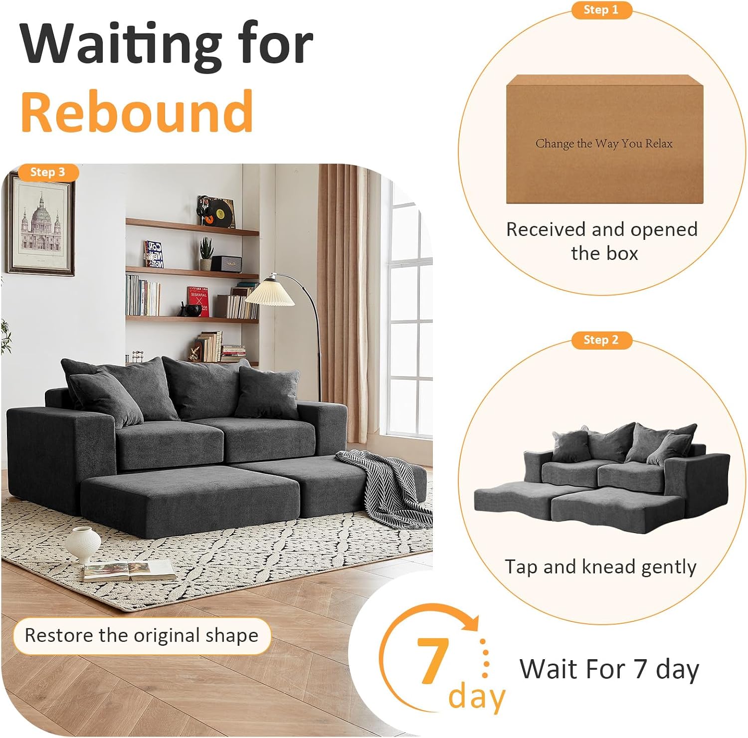 Modular Sectional Loveseat Cloud Sofa with Ottoman, Grey, 79''