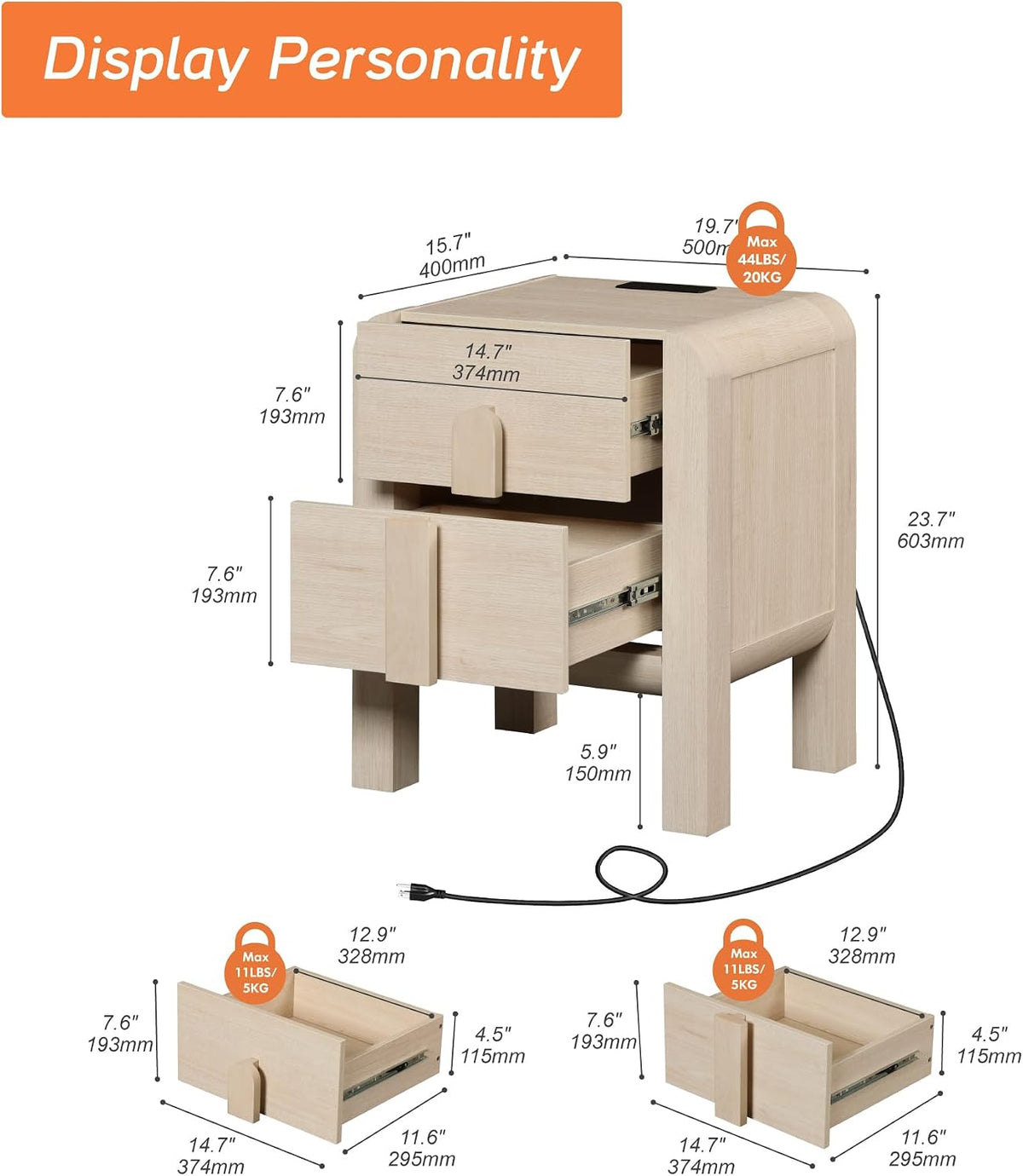WAMPAT 23.7" Tall Beige Nightstands Set of 2, Modern Mid Century End Table with Charging Station, Wood Bedside Table w/2 Storage Drawers, Side Table Bedside Cabinet for Bedroom,Living Room，Beige