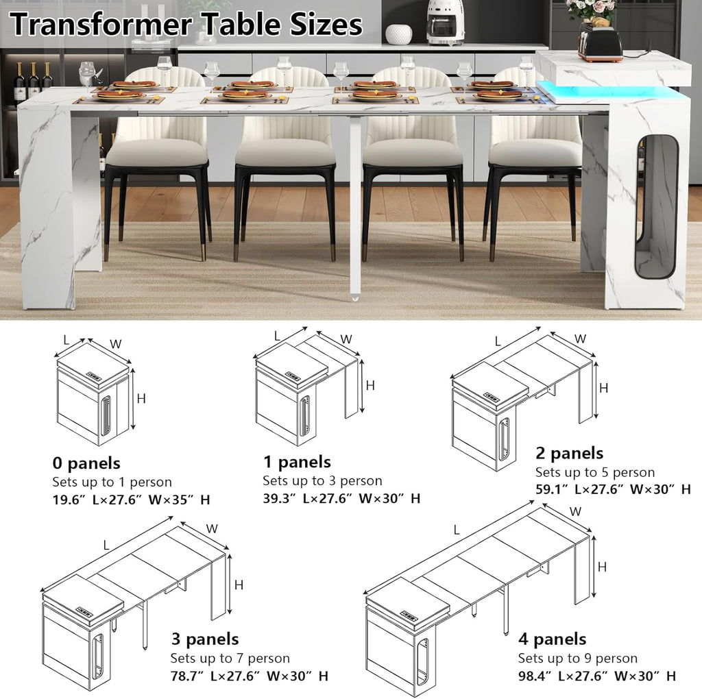 Extendable Dining Table with Charging Station, Convertible Folding Console Table for 6-8 People, Space-Saving Dining Table with LED Lights, Wood Rectangle Kitchen Table, Marble White (No Chairs)