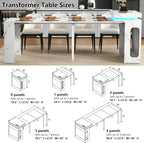 Extendable Dining Table with Charging Station, Convertible Folding Console Table for 6-8 People, Space-Saving Dining Table with LED Lights, Wood Rectangle Kitchen Table, Marble White (No Chairs)