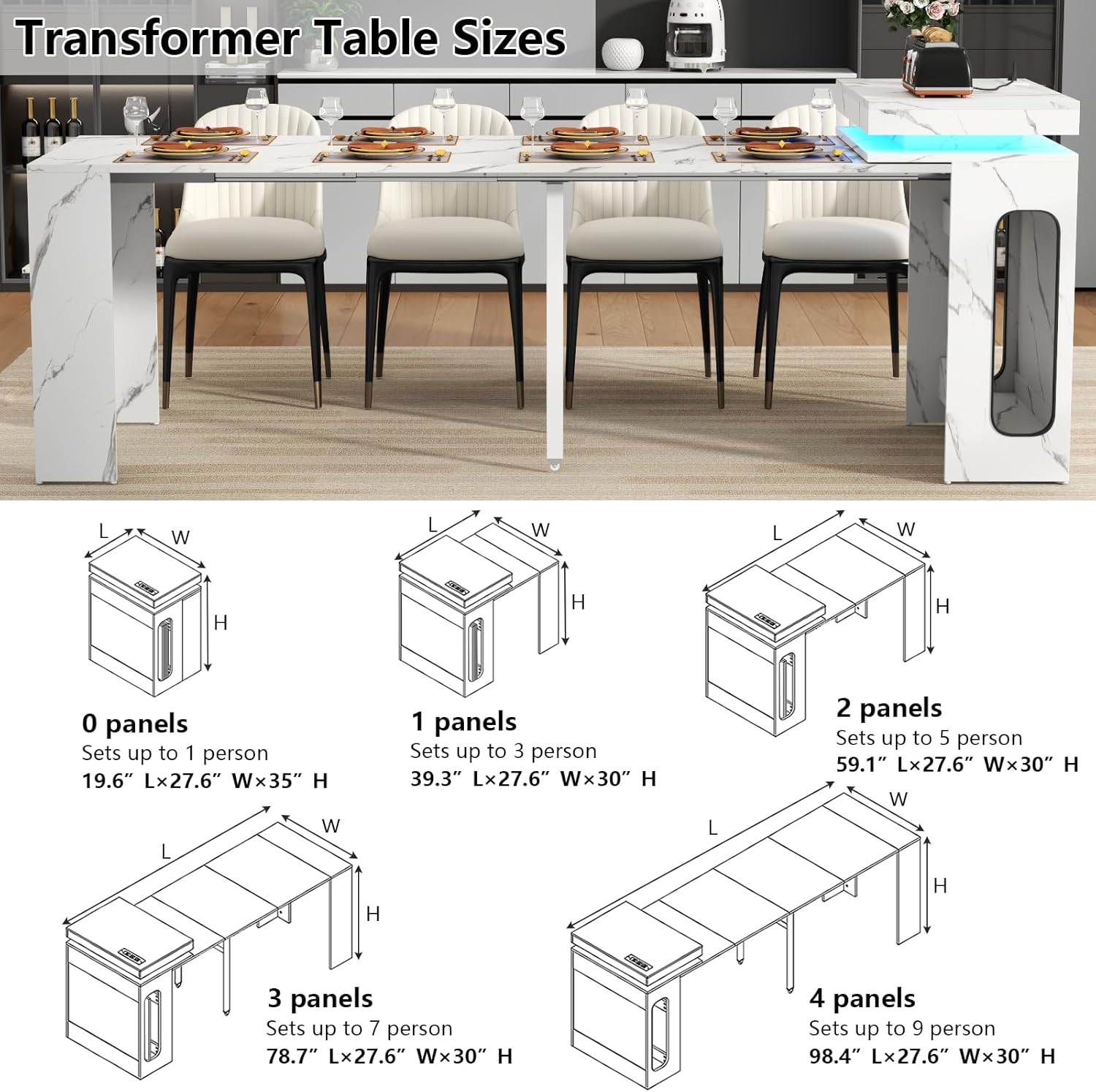 Extendable Dining Table with Charging Station, Convertible Folding Console Table for 6-8 People, Space-Saving Dining Table with LED Lights, Wood Rectangle Kitchen Table, Marble White (No Chairs)